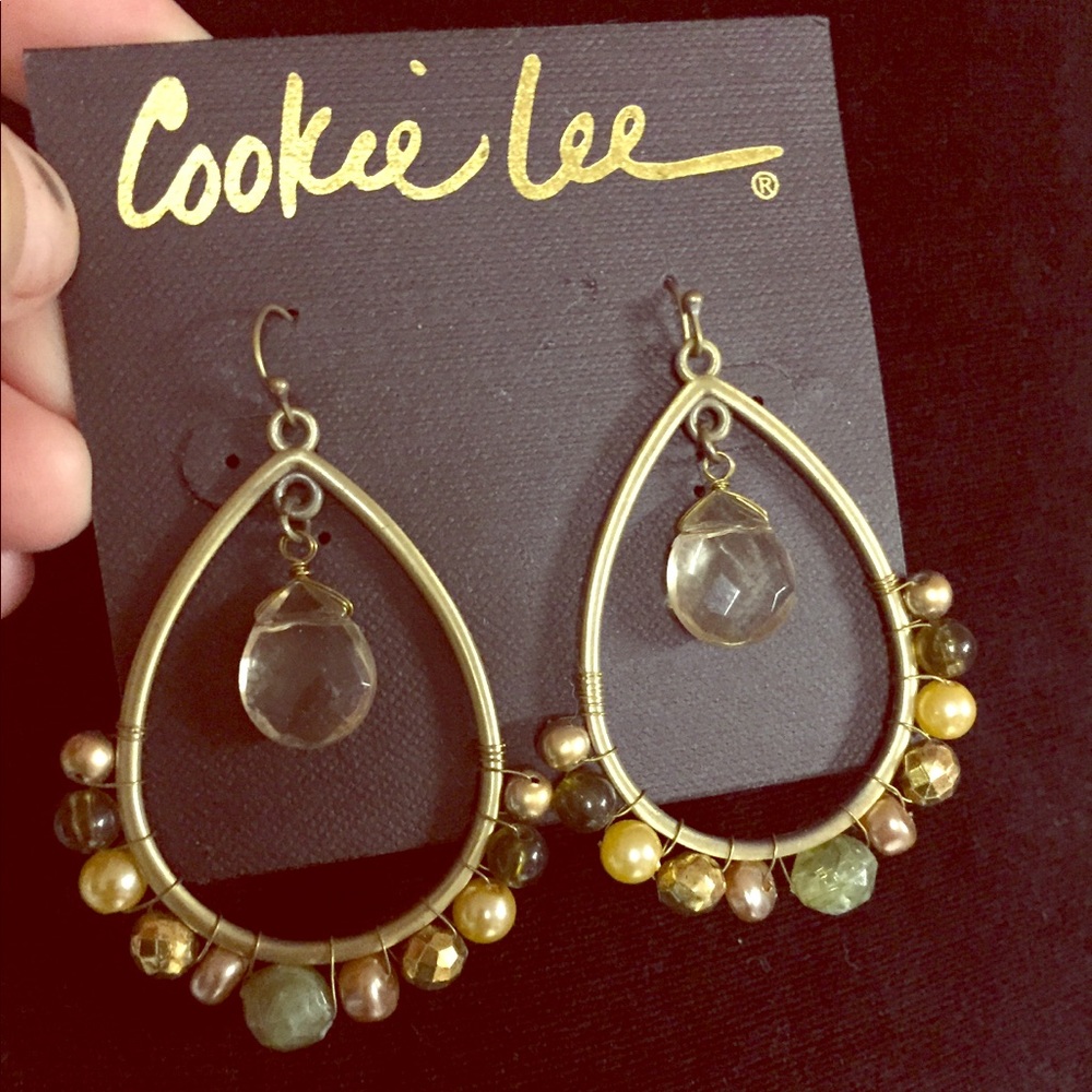 NWT Cookie Lee Gold Dangling Wire & Bead Earrings